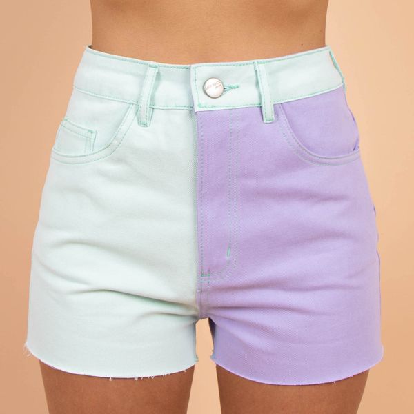 Short-Hot-Pants-Color-Block-Acqua-e-Lilas-Lady-Rock-Frente